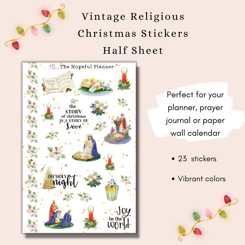 May include: Vintage religious Christmas stickers featuring a nativity scene, candles, stars, and the phrase "The Story of Christmas is a Story of Love". The stickers are on a white background with gold glitter accents. There are 23 stickers in total.