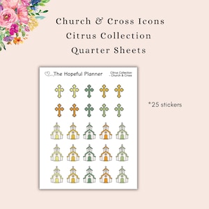 Stickers kleine kerk en kruispictogram - Citruscollectie - stickervellen christelijke kerkherinnering voor planners en papieren muurkalenders