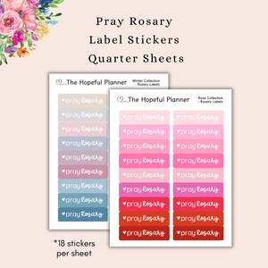 May include: Two sheets of stickers with the text "Pray Rosary" in a variety of colors. The stickers are designed for use in a planner or journal. Each sheet contains 18 stickers.