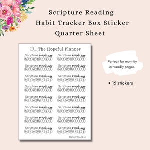 May include: A sheet of 16 black and white stickers for a habit tracker. Each sticker has a circle with the text "Scripture reading" and the days of the week abbreviated: MTWTFSS. The text "The Hopeful Planner" and "Habit Tracker" are also included. The text "Perfect for monthly or weekly pages." and "16 stickers" are included.