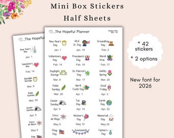 2026 Holidays Mini Box Stickers - Cute U.S. Holiday Celebration Sticker sheets for Planners, Journals and Paper Wall Calendars