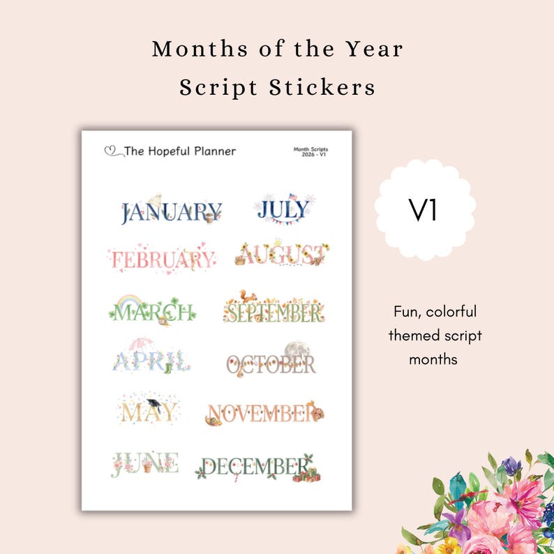 Script Minths 2026 Months of the Year Stickers - Monthly Script Themed Sticker Sheets ...