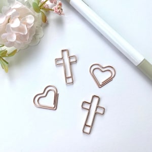 Rose Gold Cross and Heart Paperclip Set - Planner / Journal Paperclips - Bookmarks - Christian Devotion Planner accessory