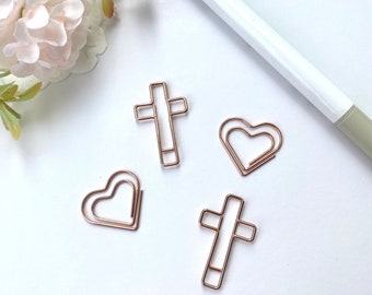 Rose Gold Cross and Heart Paperclip Set - Planner / Journal Paperclips - Bookmarks - Christian Devotion Planner accessory