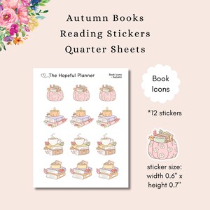 May include: A sheet of autumn-themed stickers featuring book icons. The stickers include images of pumpkins, candles, teacups, and books. Each sticker is 0.6 inches wide and 0.7 inches high.