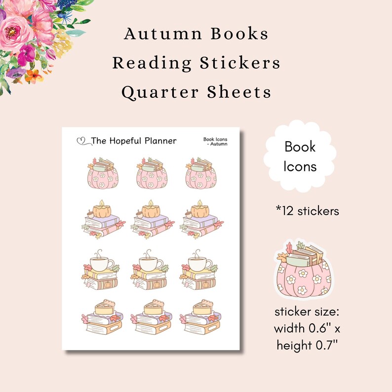 May include: A sheet of autumn-themed stickers featuring book icons. The stickers include images of pumpkins, candles, teacups, and books. Each sticker is 0.6 inches wide and 0.7 inches high.
