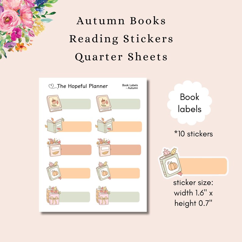 May include: A sheet of autumn-themed book labels with illustrations of books, pumpkins, and fall foliage. The stickers are in shades of green, orange, and peach. The sticker size is 1.6 inches wide by 0.7 inches high. The text reads "Autumn Books Reading Stickers Quarter Sheets".
