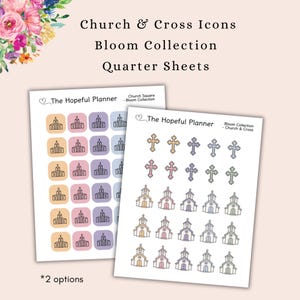 Pegatinas cristianas para agendas con diseño de iglesia y cruz – Colección BLOOM