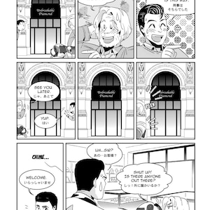 May include: A black and white comic book panel featuring a storefront with the words "Unbreakable Diamond" above the entrance. Two characters are talking in the panel, one is saying "Yeah? Yeah, me too." and the other is saying "That thing... is this way."