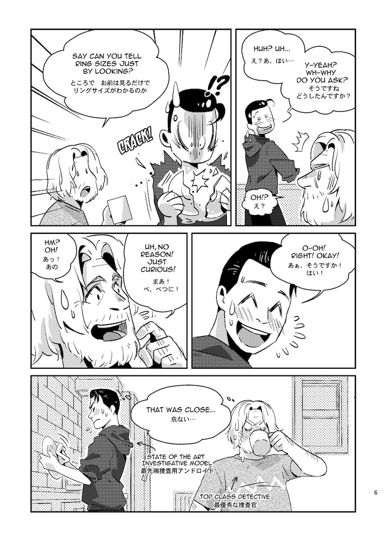 May include: A comic book panel with a group of characters. The characters are talking about ring sizes. The text in the image says "Say can you tell ring sizes just by looking?" and "Uh, no reason! Just curious!"