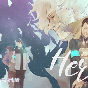 May include: A digital art illustration of three characters from the video game Detroit: Become Human. The characters are Hank, Connor, and Gavin. The illustration is in a soft, watercolor style with a blue and purple color scheme. The text "to my dearest Hero" is written in white cursive lettering.