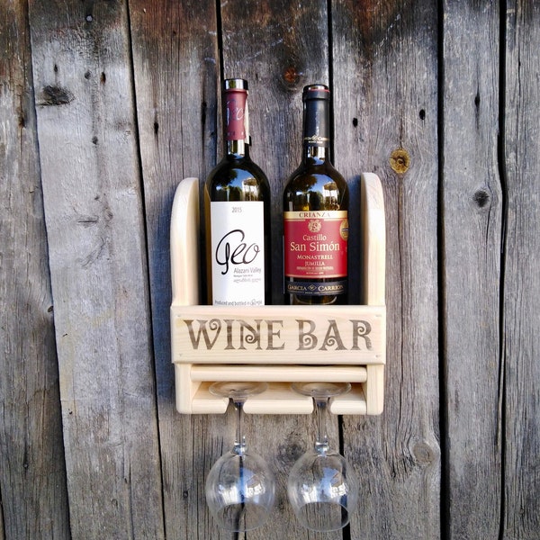 Natural wood hanging bottle shelf "Wine Bar" with glass holder / Wall mounted Wine Holder for 2 bottles and 2 glasses. / Wine rack mini bar.