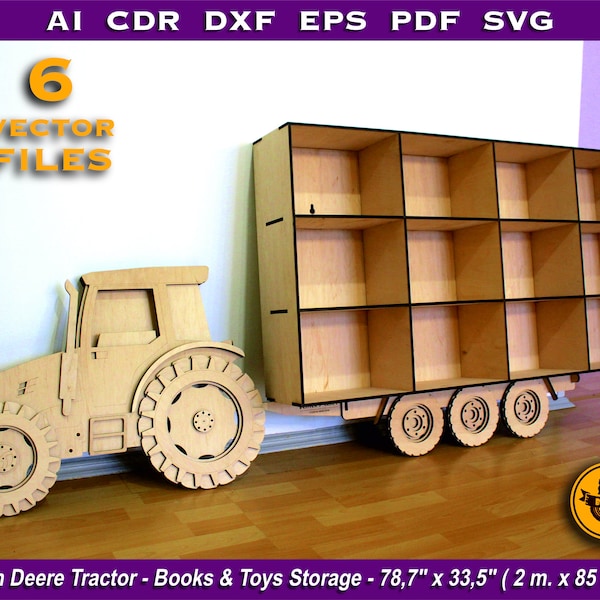 Huge kid's wall shelf Tractor for toys and books. Plywood 8 mm. Laser cut files, vector plan 3D model, layout for cnc router, lasercutting