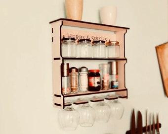 Hanging Kitchen Spice Rack "Herbs & Spices" with 4 wineglass holder / Kitchen organizer / Spice shelf / Wooden spice holder / Shelf for jars