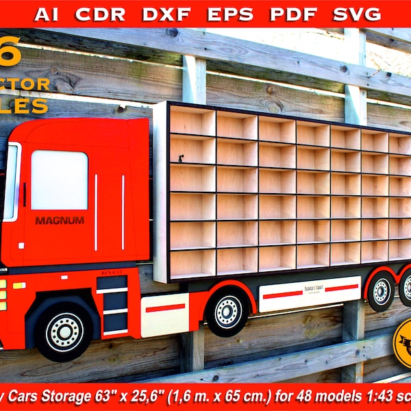 Étagère de rangement pour petites voitures pour enfants Renault Magnum. Fichiers découpés au laser, modèle 3D de plan vectoriel, mise en page pour routeur cnc, découpe laser, contreplaqué.