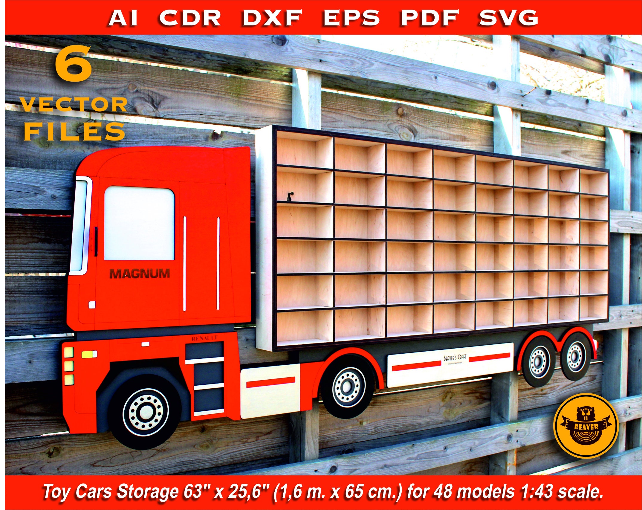 Étagère de rangement pour petites voitures pour enfants Renault Magnum.  Fichiers découpés au laser, modèle 3D de plan vectoriel, mise en page pour  routeur cnc, découpe laser, contreplaqué. -  France