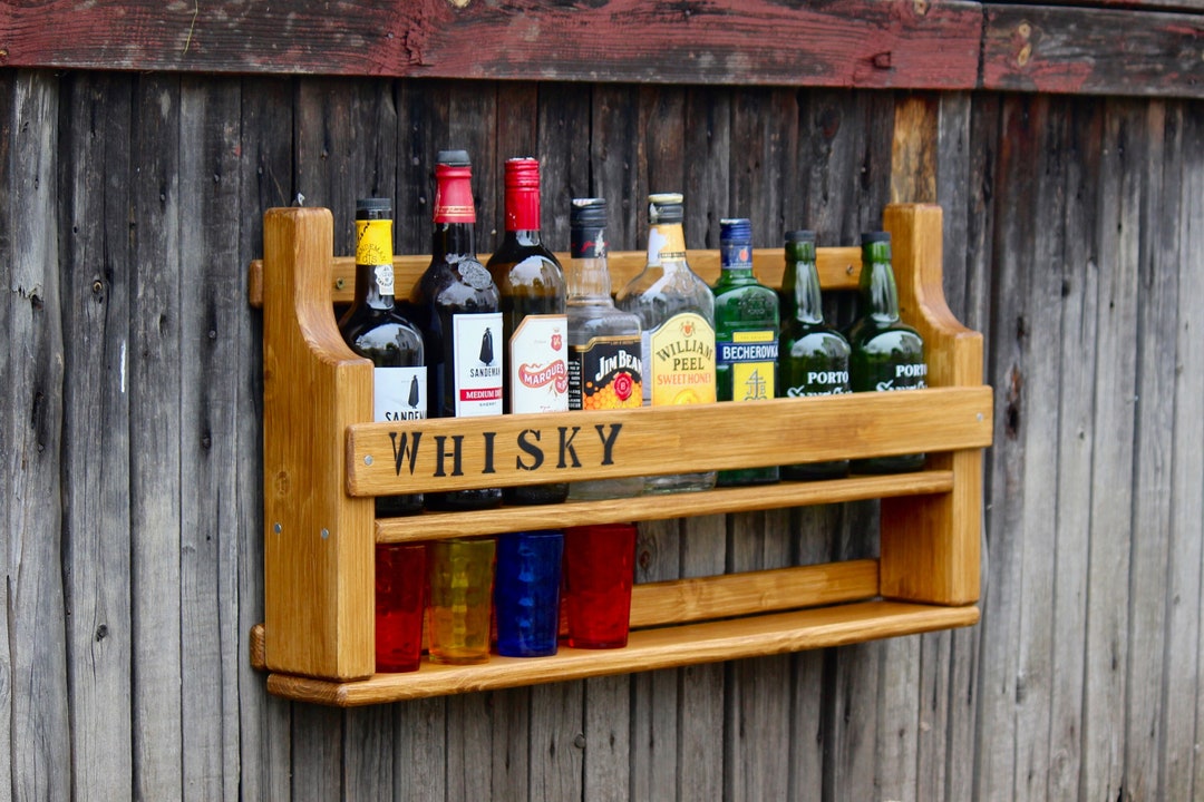 Personalized Whisky Shelf. Solid Wood Mini Bar Bottle Rack