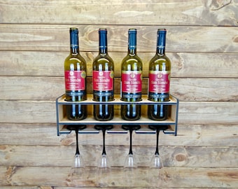 Wine rack with glass holder. Wall mounted wine shelf for 4 bottles and 4 glasses. Wooden wine rack. Hanging bottles holder. Wall Wine Rack.