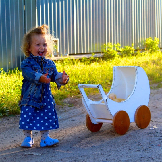 Custom Natural Wood Doll Stroller white Moon Vintage Wooden