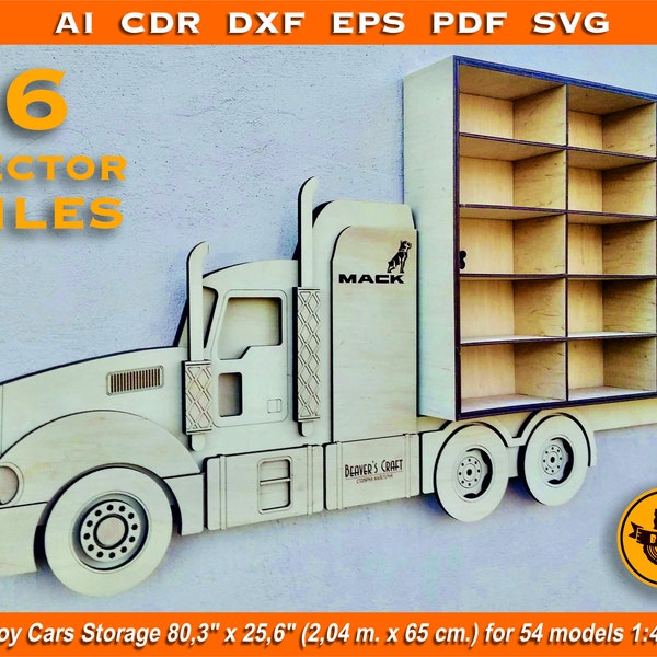 Child's Toy cars storage shelf display MACK Truck. Plywood 6 mm. Laser cut files, vector plan 3D model, layout for cnc router, lasercutting.