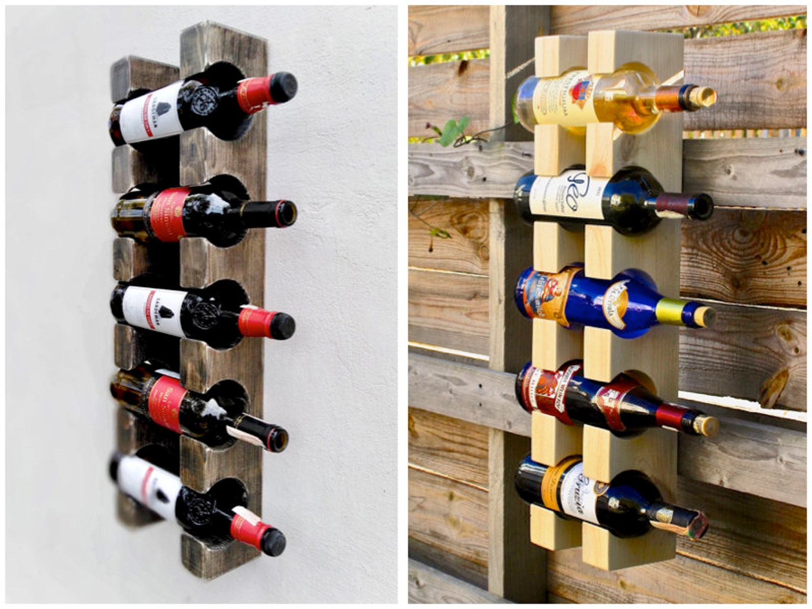 Solid Wood Hanging Wine Rack for 5 Bottles / Wall Mounted Wooden Wine Holder / Home Bar Bottle