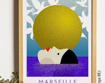 Marseille poster, under the Marseille sun, sea poster, Marseille art print, original Marseille creation, no AI, wall decoration