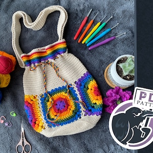 Serendipity Day Bag Crochet Pattern, PRIDE, LGBTQ+, tutorial, granny square, backpack, purse, crossbody, sling bag, digital download, pdf