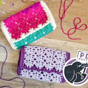May include: Two crochet blankets, one pink and teal, the other purple and white, with a PDF pattern download sign and a black crow illustration.