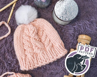 Triple Twist Beanie knitting pattern, toque, pom pom, hat, stocking cap, knit, handmade, tutorial, pdf, digital download
