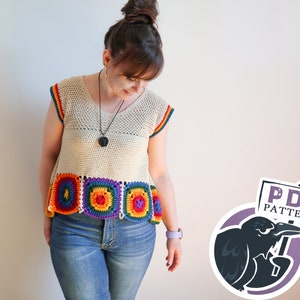 SerendipiTEE crochet pattern, granny square, t-shirt, tee, summer, cropped shirt, PRIDE, LGBTQ+, rainbow, pdf, digital download, tutorial,