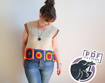 SerendipiTEE crochet pattern, granny square, t-shirt, tee, summer, cropped shirt, PRIDE, LGBTQ+, rainbow, pdf, digital download, tutorial,