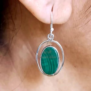 Malachite Earrings, 925 Sterling Silver Dangle Drop Earrings, Natural Green Malachite Oval Gemstone Handmade Jewelry, Elegant Gift for Her