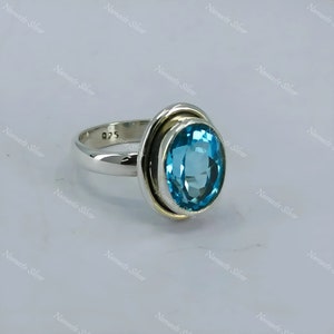 Blue Topaz Ring, 925 Sterling Silver Statement Promise Ring, Natural Topaz Oval Gemstone Handmade Boho Jewelry, December Birthstone Gift