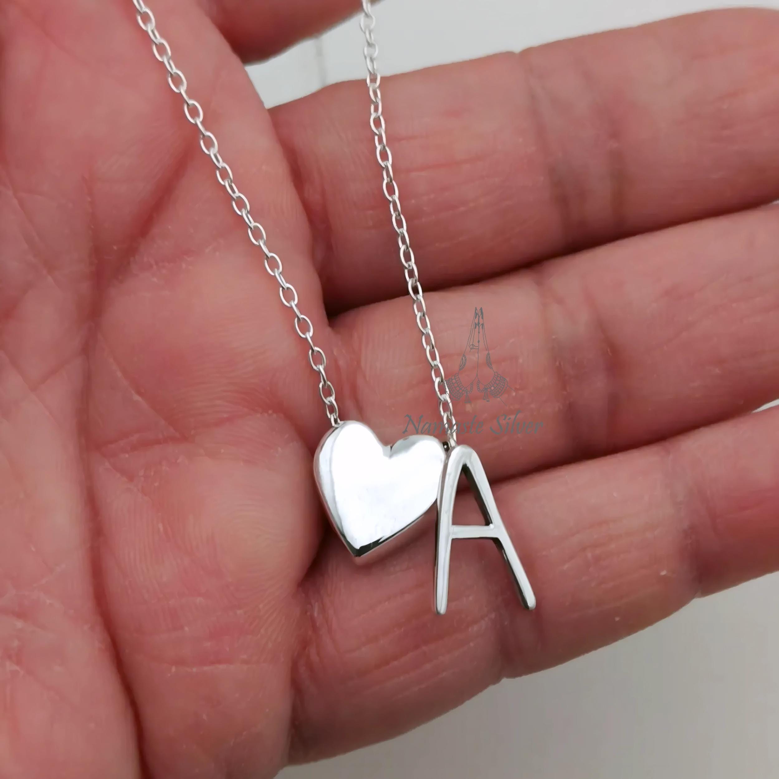 Heart and Initial Letter Necklace, 925 Sterling Silver Alphabet Letter Pendant, Cute Minimalist Heart Jewelry, Customized Gift for Her Mom