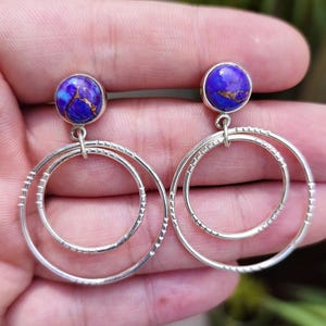 Türkis Doppel Hoop Ohrringe, 925 Sterling Silber Baumeln Ohrringe, Natürliche Lila Kupfer Türkis Runde Handgemachter Schmuck, Geschenk für Sie