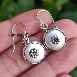 Handmade Sterling Silver Coin Pearl Earrings, Floral Dangle