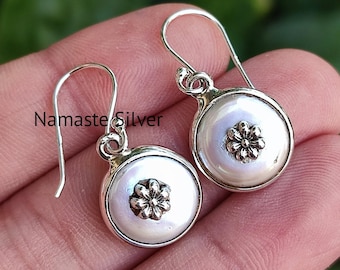 Handmade Sterling Silver Coin Pearl Earrings, Floral Dangle