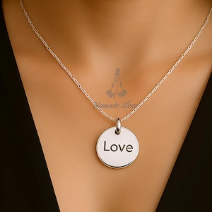 Love Pendant, 925 Sterling Silver Charm Necklace, Round Disc Charm, Personalized Engraved Handmade Custom Name Coin Jewelry, Gift For Her
