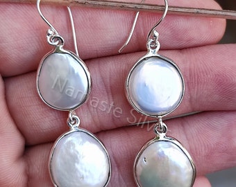 Coin Pearl Silver Earrings - Coin Pearl Earrings - Coin Pearl 925 Sterling Silver Handmade Dangle Earrings - Gift for Her - Pearl Jewelry