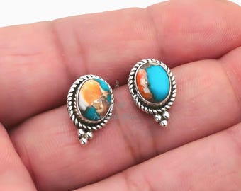 Oyster Turquoise Earrings, 925 Sterling Silver Stud Earrings, Natural Oyster Copper Turquoise Oval Handmade Stud Posts Jewelry, Gift for Her