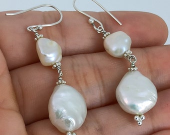 Baroque Pearl Sterling Silver Dangle Earrings Handmade Boho Jewelry Gift for her Birthday Anniversary Christmas Valentine's Day