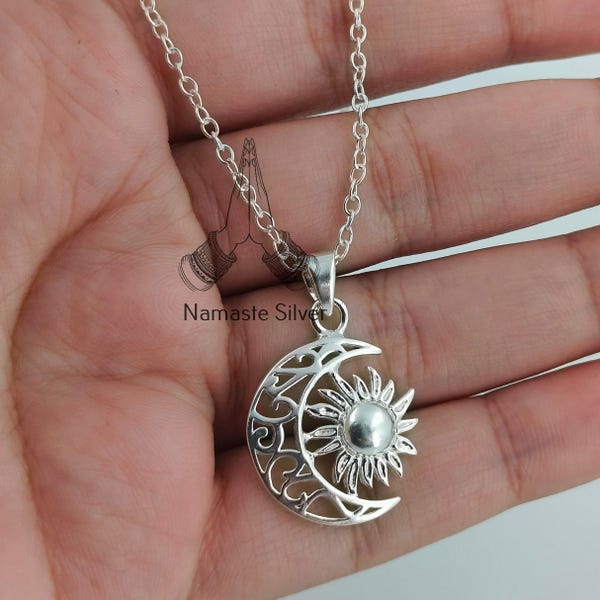 Sterling Silver Sun Moon Necklace, Celestial Boho Jewelry