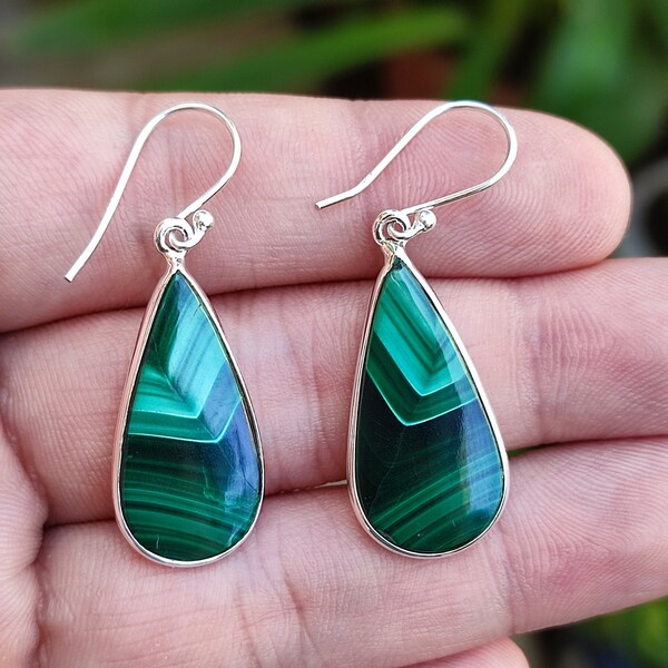 Malachite Pearshape Dangle Drop Earrings, 925 Sterling Silver Handmade Boho Earrings, Gift for Her, Gemstone Earrings, Birthstone Earrings