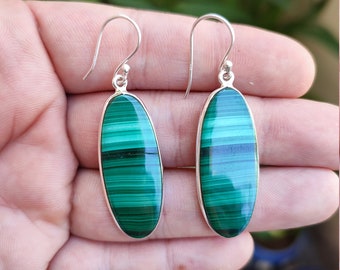 Natural Malachite Oval Silver Dangle Earrings Handmade Gemstone Jewelry Gift for Her Birthday Anniversary Christmas Valentine's Mother's Day