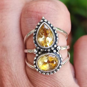 Citrine Ring, 925 Sterling Silver Statement Promise Ring, Natural Citrine Dual Gemstone Handmade Jewelry, November Birthstone, Gift for her