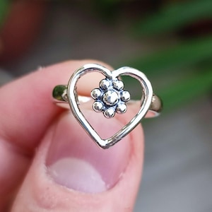 Heart Ring, 925 Sterling Silver Handmade Dainty Floral Ring for Women, Heart Shape Flower Love Minimalist Boho Jewelry, Unique Gift for Her