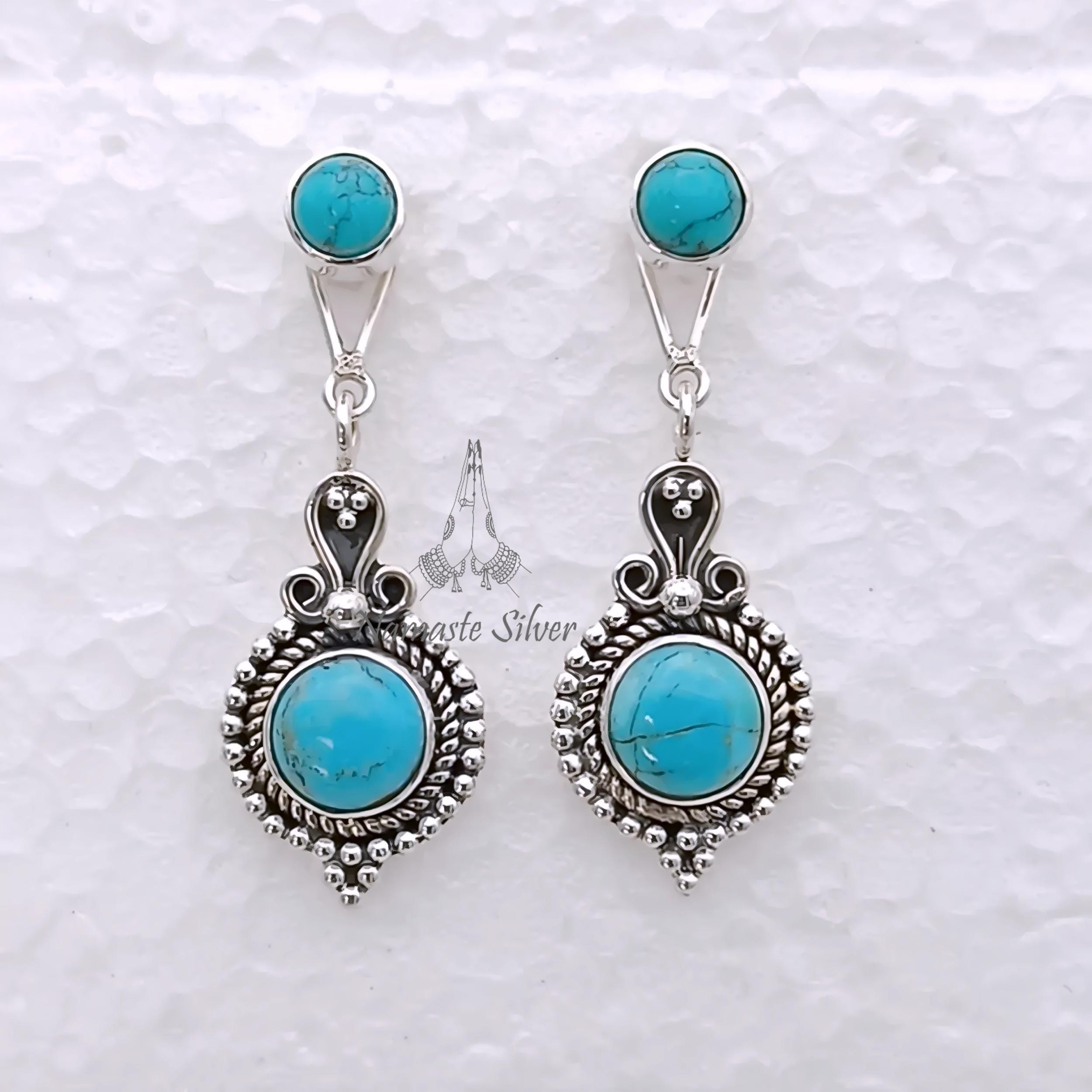 Turquoise Drop Earrings Sterling Silver Beaded Dangles With