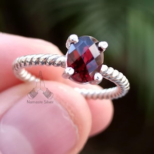 Garnet Ring, 925 Sterling Silver Dainty Ring for Women, Natural Garnet Oval Gemstone Handmade Boho Jewelry, January Birthstone, Gift for her