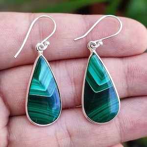 Malachite Pearshape Dangle Drop Earrings, 925 Sterling Silver Handmade Boho Earrings, Gift for Her, Gemstone Earrings, Birthstone Earrings