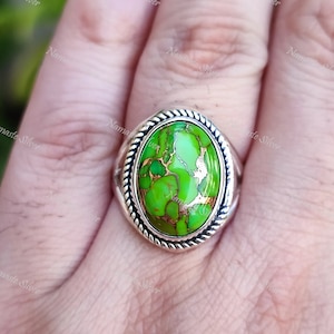 Anel de turquesa verde, anel de promessa de declaração de prata esterlina 925, joia boho feita à mão com pedra preciosa oval de cobre turquesa verde, presente para ela